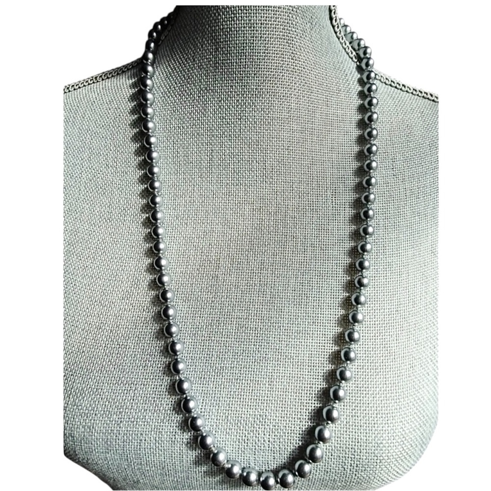 Vintage Silver Tone Beaded Necklace Faux Pearl Necklace